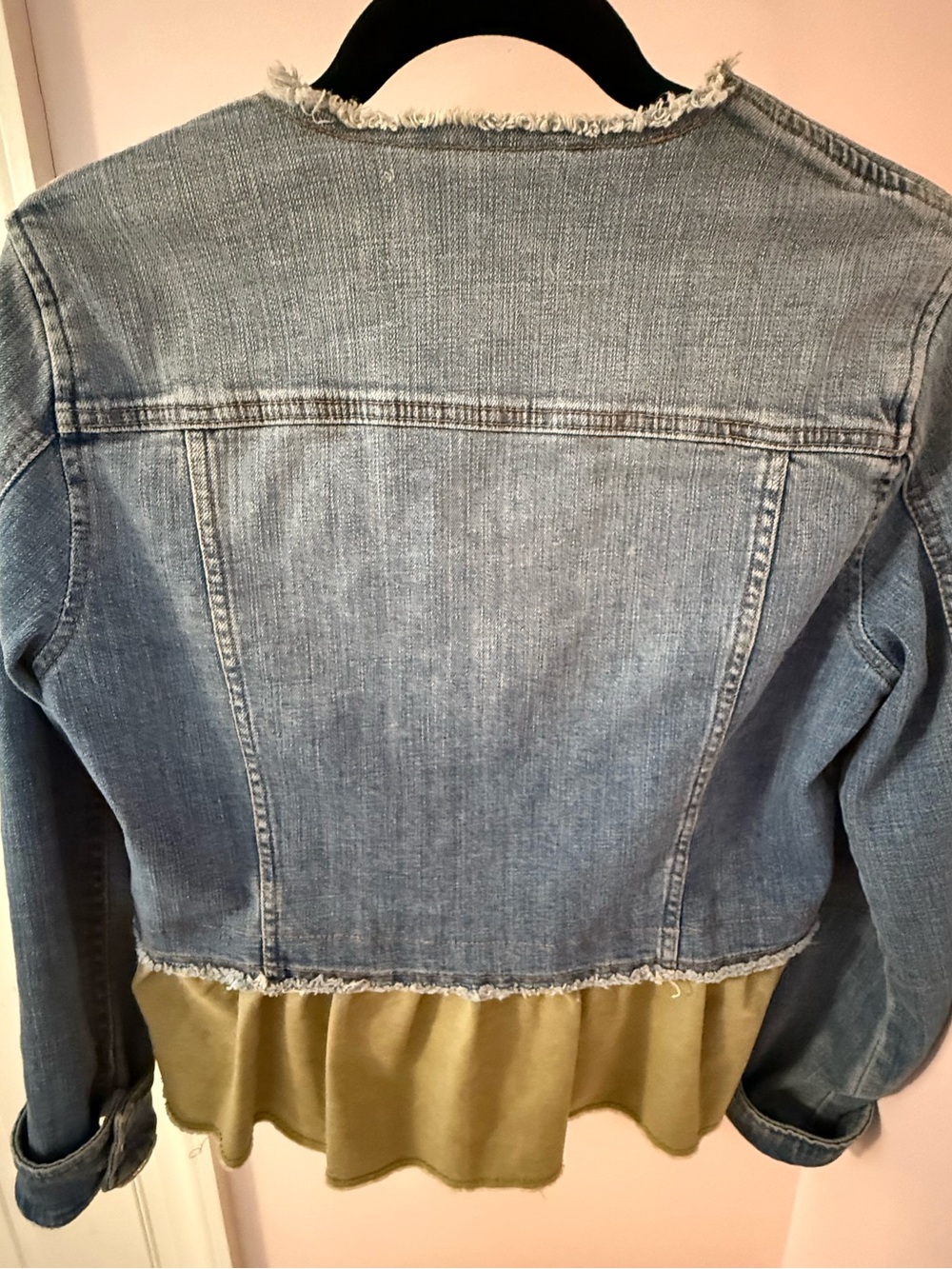 PILCRO Anthroplogie Denim Peplum Jacket with Olive Ruffle Size S - Picture 7 of 7